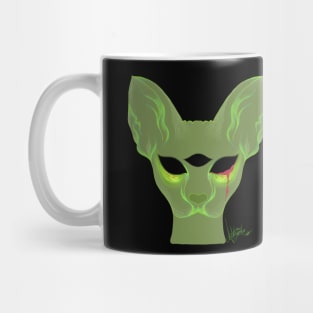 Three Eyed Creepy Sphynx Cat Spooky Green Horror Glowing Unique Edgy Punk Art Mug